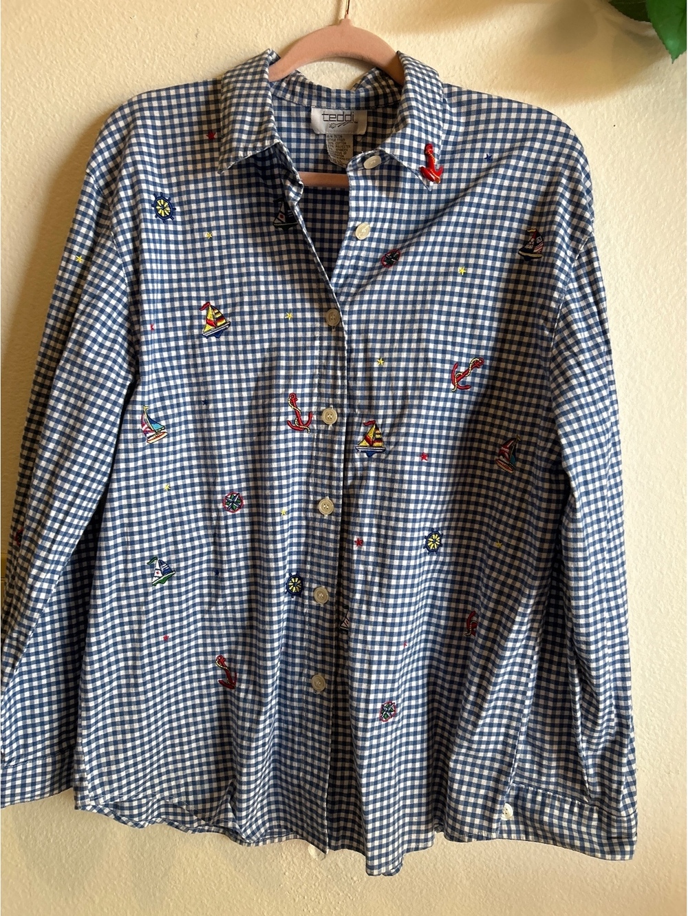 Teddi Blue and White Gingham Button-Up Shirt with Nautical Embroidery, Size L